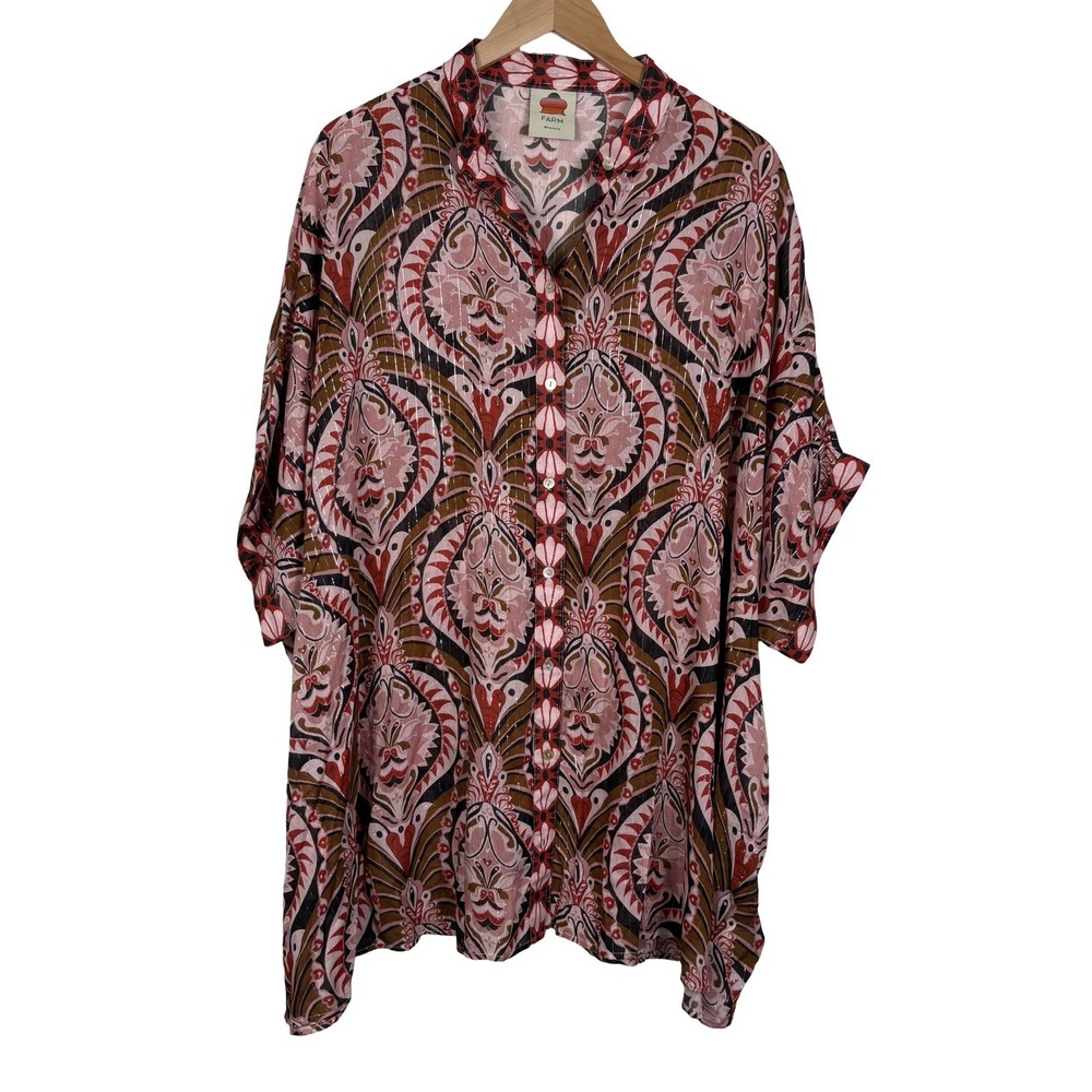 FARM RIO Pineapple Jewelry Metallic Printed Voile Top Size L Black Pink NWOT‎
